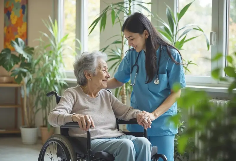 Nurse supporting an older woman in a wheelchair beside a window