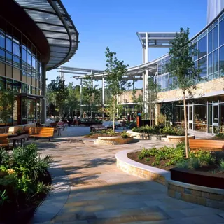 Landscaped courtyard outside a modern shopping centre