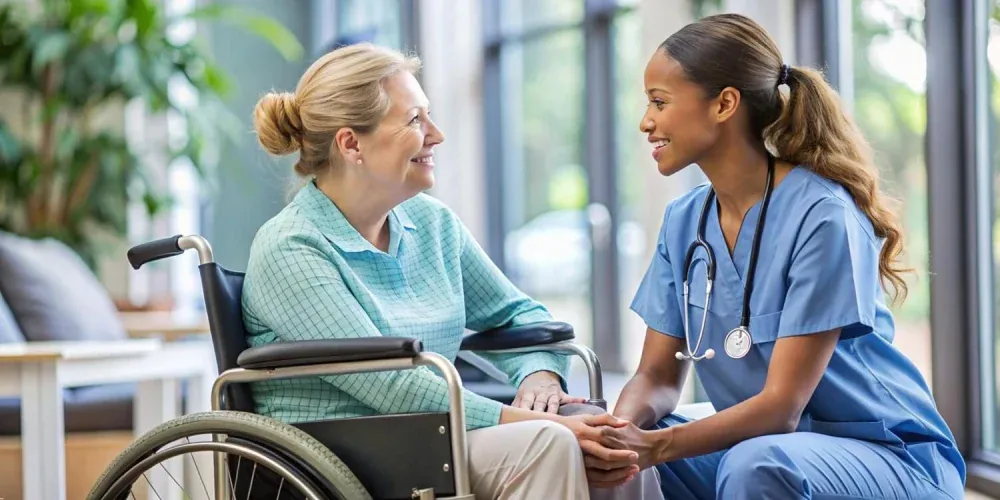Support worker talking with an older woman using a wheelchair in a sunlit room