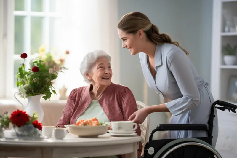 Support worker serving a meal to an older woman in a wheelchair